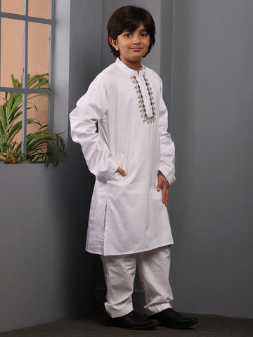 Embroidered Zip Closure White Solid Kurta Pajama Set For Kids Boys