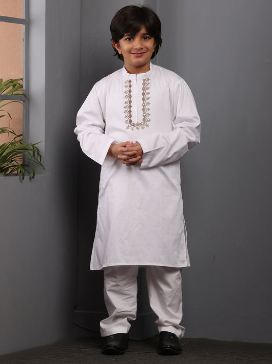 Embroidered Zip Closure White Solid Kurta Pajama Set For Kids Boys