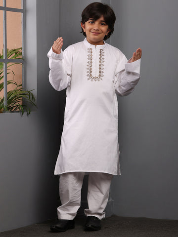 Embroidered Zip Closure White Solid Kurta Pajama Set For Kids Boys