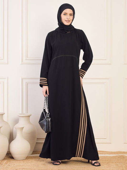 Nabia Black Solid Piping Detailing Aline Abaya Burqa For Women With Black Georgette Hijab