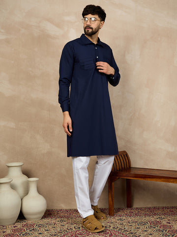 Nabia Solid Shirt Collar Blue Cotton Kurta and White Pajama Set for Men