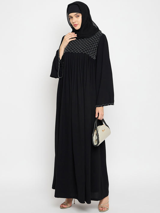 Nabia Black Solid Luxury Abaya Burqa with Hand Work Detailing for Women
