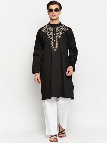 Black Solid Men's Kurta Pajama Set With Embroidery Details