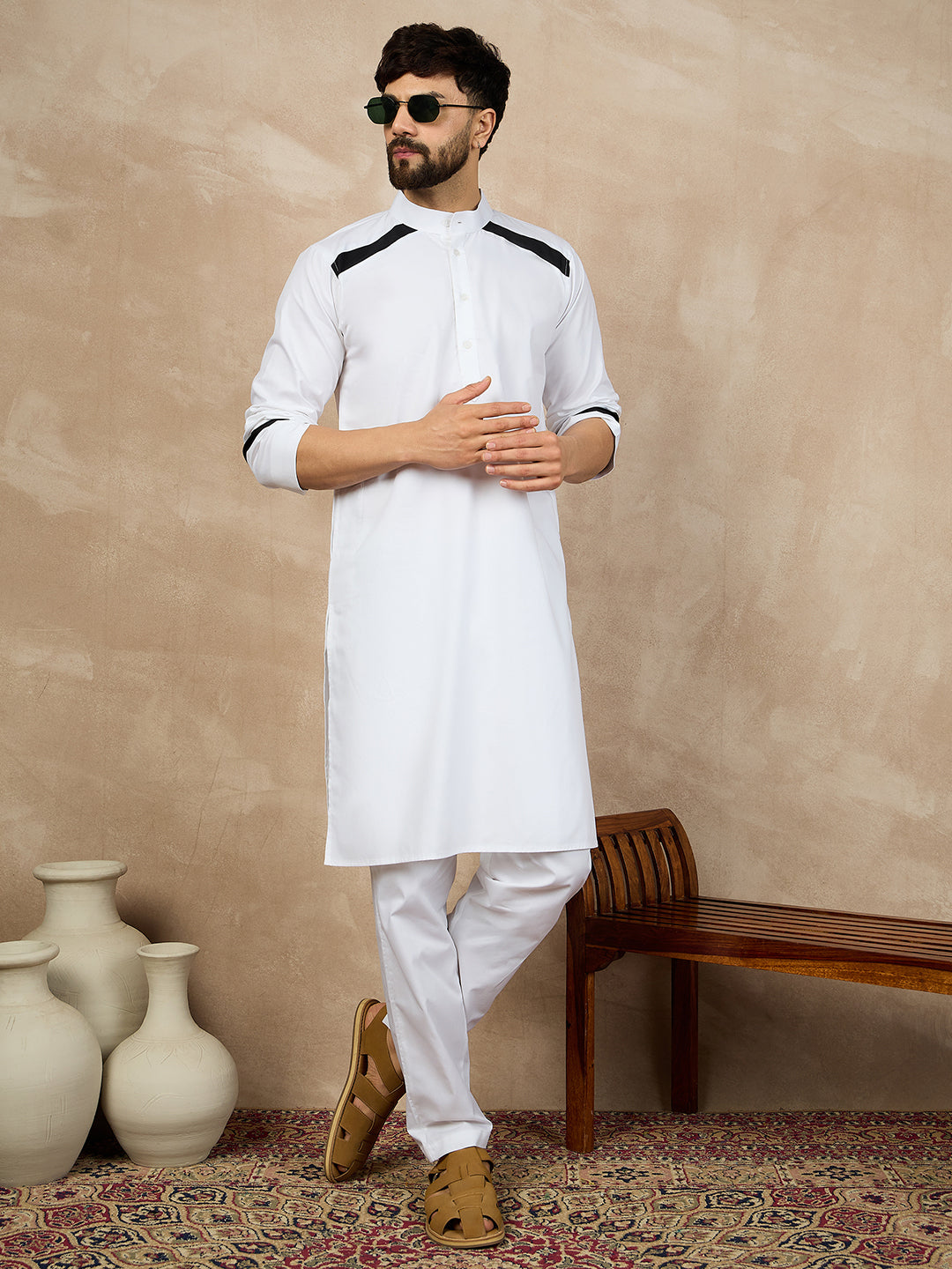 Nabia White Solid Mandarin Collar Cotton Kurta For Men