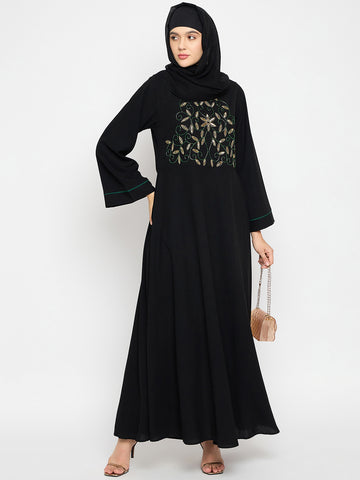 Hand Work Detailing Black Solid Luxury Abaya Burqa for Women With Black Hijab