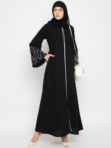 Nabia Women Black Solid Luxury Abaya Burqa With Hand Work Detailing