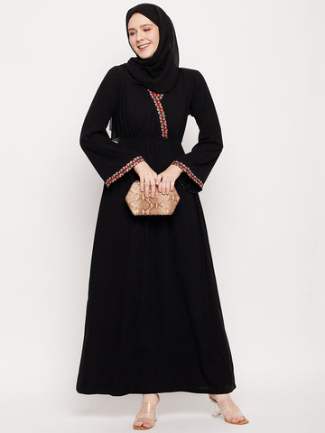 Nabia Women Black Solid Abaya Burqa With Black Georgette Scarf