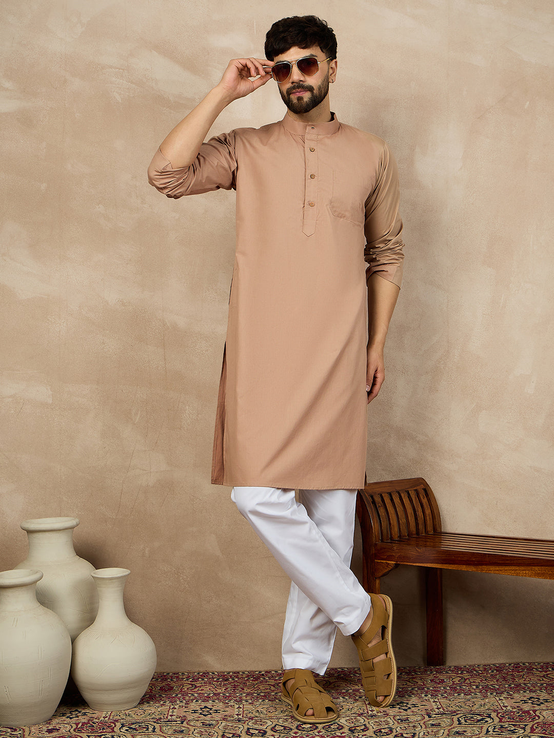 Nabia Beige Solid Mandarin Collar Cotton Kurta For Men