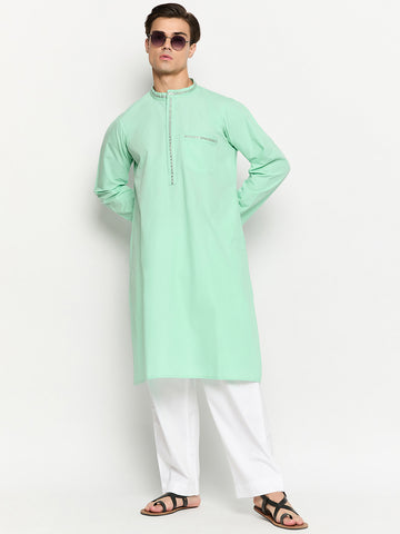 Sea Green Solid Embroidery Details Men's Kurta Pajama Set