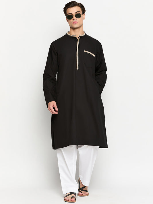 Black Solid Embroidery Details Men's Kurta With Long Sleeves