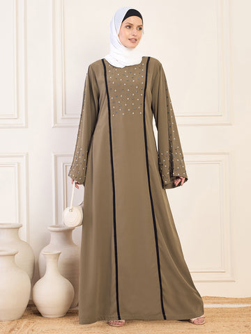 Nabia Oat(Khaki) Solid Luxury Handwork & Black Piping Detailing Abaya Burqa for Women With White Hijab