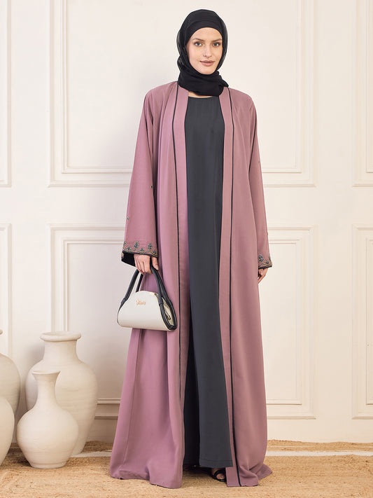 Nabia Pink and Olive Black Solid Luxury Handworked Abaya Burqa for Women with Black Hijab