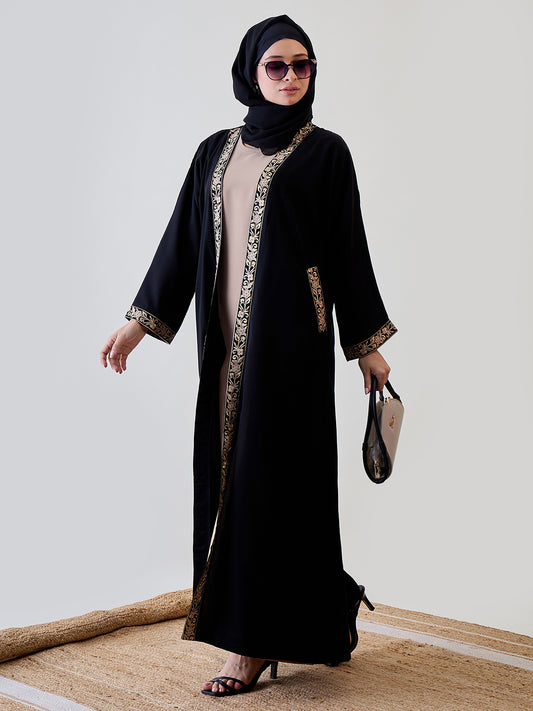 Beige Inner Included Embroidered Black Shrug with Matching Black Hijab for Women