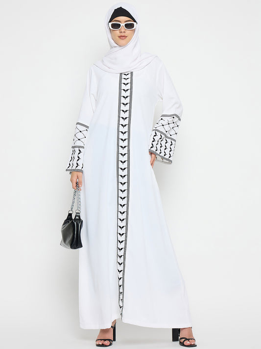 Nabia Kefiyyeh Embroidery Solid White Abaya Burqa With Black Hijab