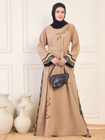 Nabia Beige Solid Luxury Handworked Abaya Burqa for Women with Black Hijab