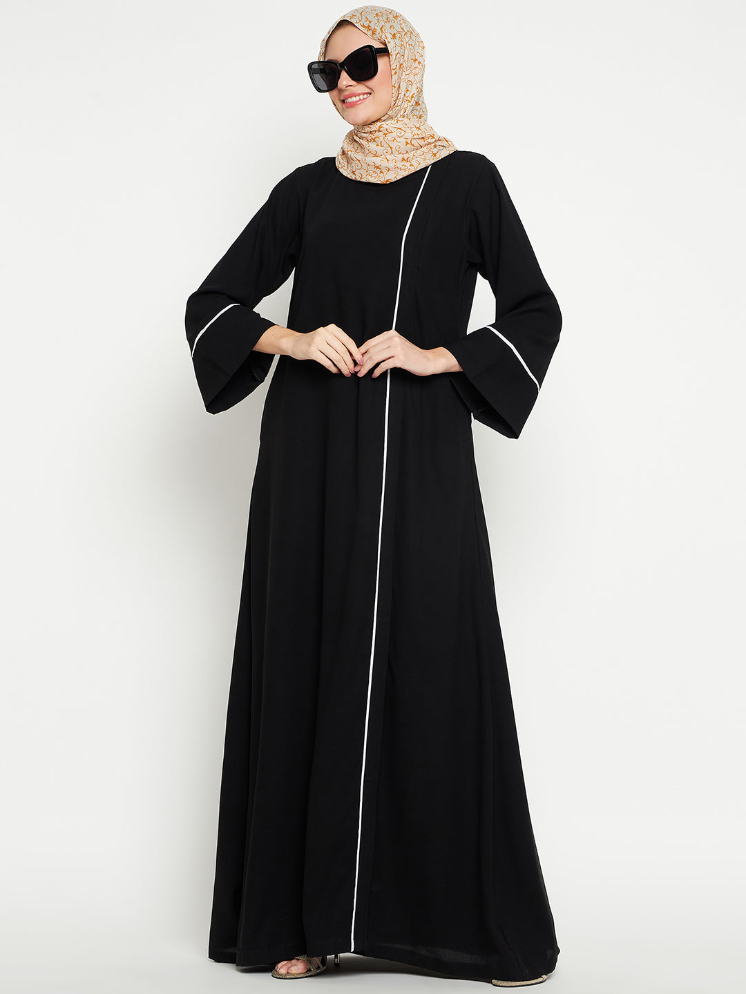 Nabia Women Black Solid Side Open Aline Abaya Burqa For Women Georgette Scarf