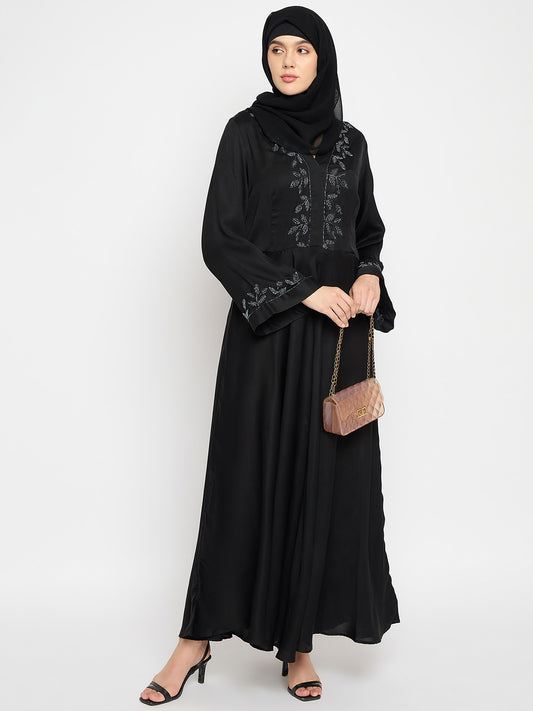 Hand Work Detailing Black Solid Luxury Abaya Burqa With Black Georgette Hijab