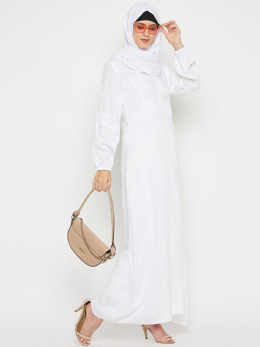 White Rayon V-Neck Solid Abaya with Black Hijab for Women