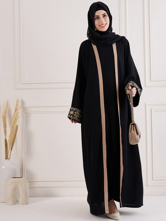 Nabia Black Solid Embroidered Shrug Set with Inner & Matching Black Hijab for Women