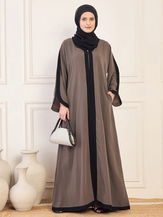 Nabia Grey Solid Aline Abaya Burqa With Black Georgette Hijab