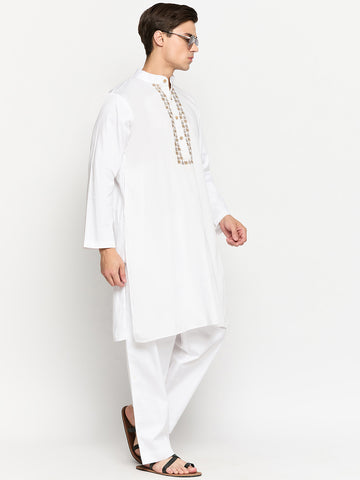 White Solid Cotton Fabric Embroidery Details Men's Kurta Pajama Set