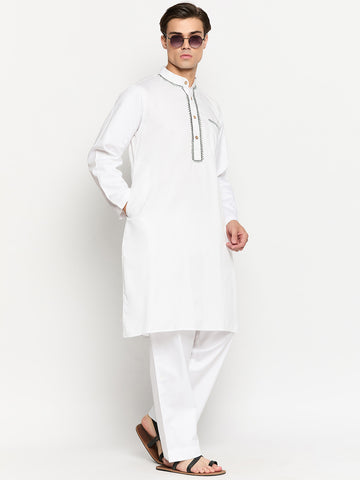 White Solid Embroidery Details Mens Kurta Pajama Set