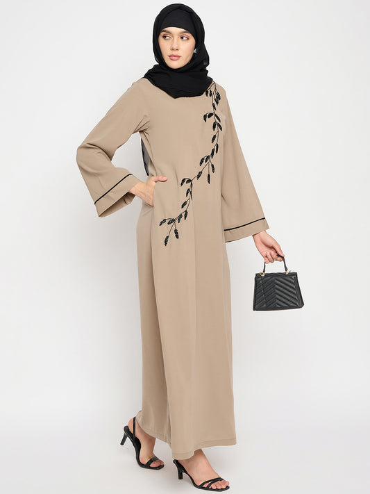 Nabia Beige Solid Luxury Abaya Burqa For Women With Hand Work Detailing