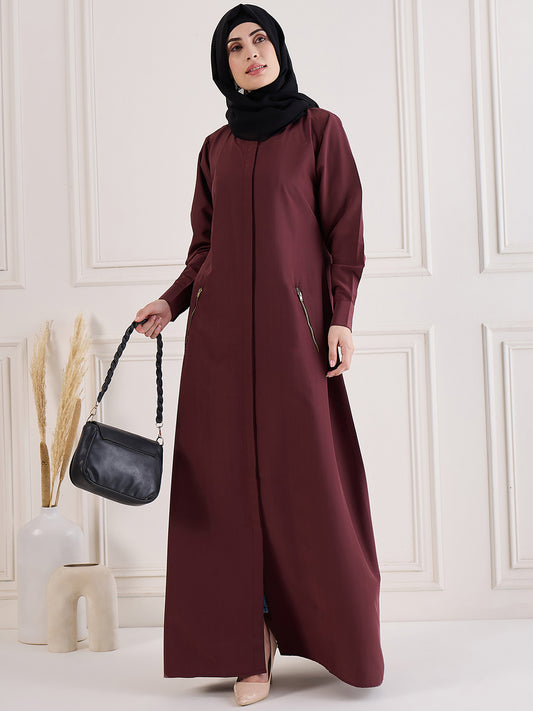 Nabia Women Maroon Solid Front Open Abaya Burqa With Black Georgette Hijab