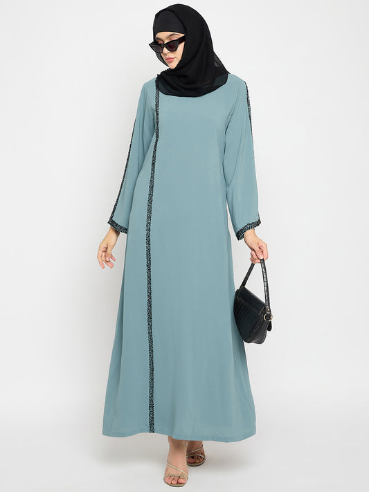 Nabia Crush Nida Sea Green Solid Luxury Abaya Burqa For Women With Hand Work Detailing