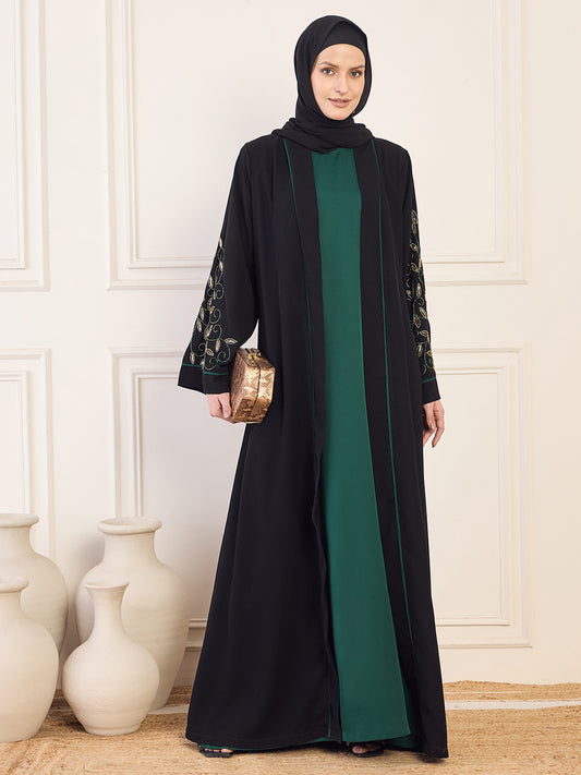 Nabia Black and Bottle Green Solid Luxury Handworked Abaya Burqa for Women with Black Hijab