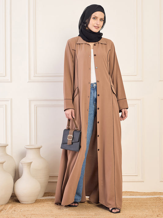 Nabia Rust Solid Front Open Coat Abaya Burqa For Women With Black Georgette Hijab