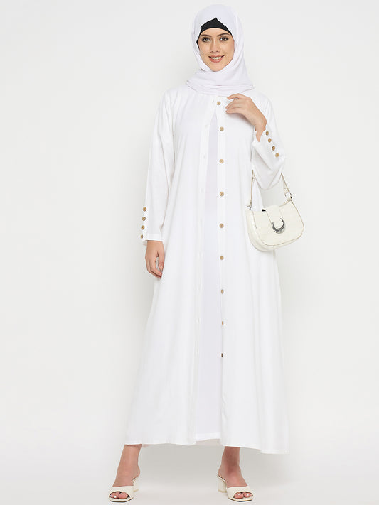 Front Open Solid White Rayon Abaya Burqa with Black Hijab for Women