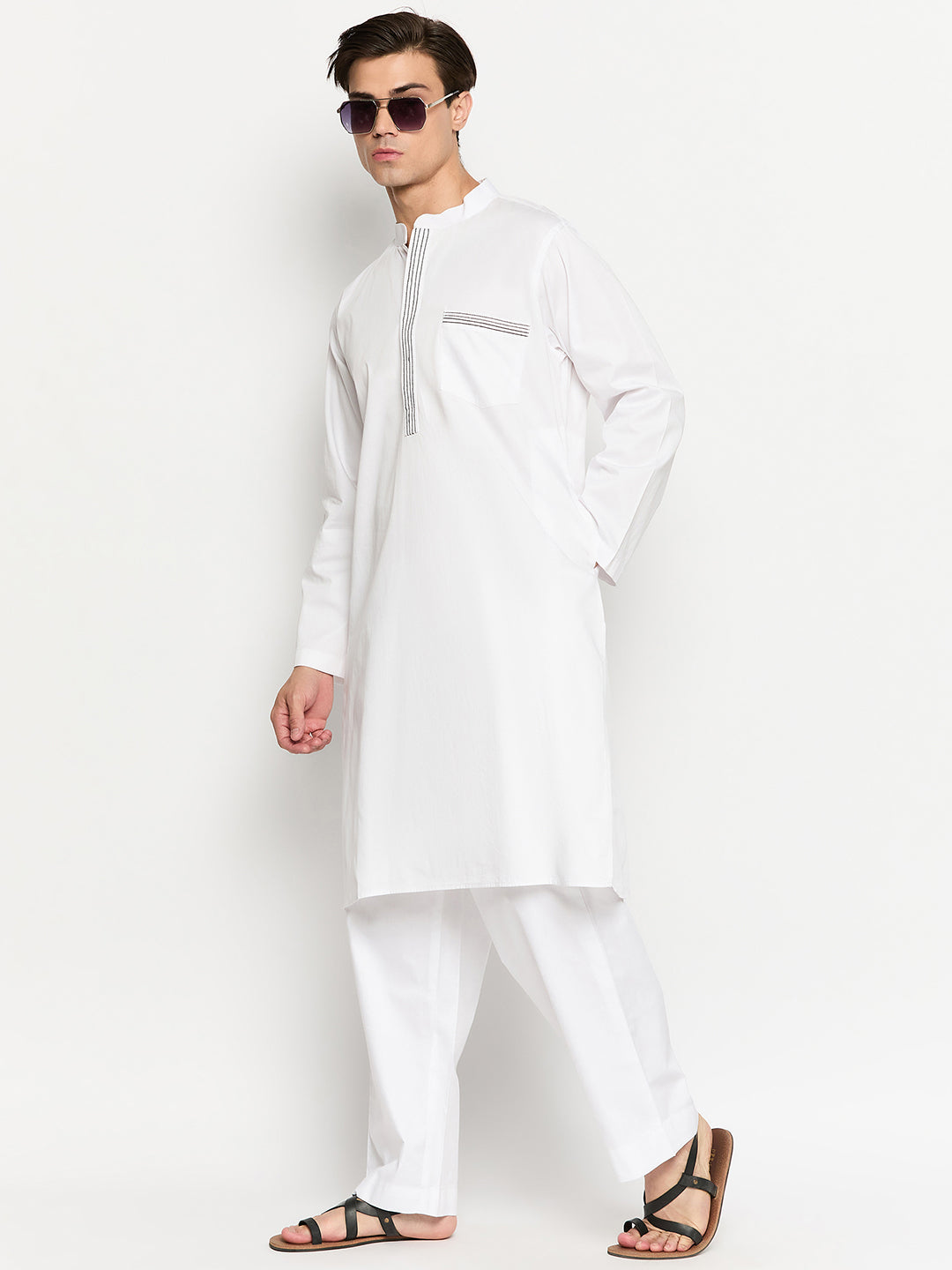 Thread Design White Solid Kurta For Men