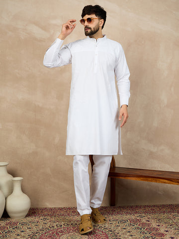 Nabia Solid White Cotton Kurta and Pajama Set for Men with Mandarin Collar