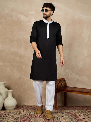 Nabia Solid Mandarin Collar Cotton Black Kurta and White Pajama Set For Men