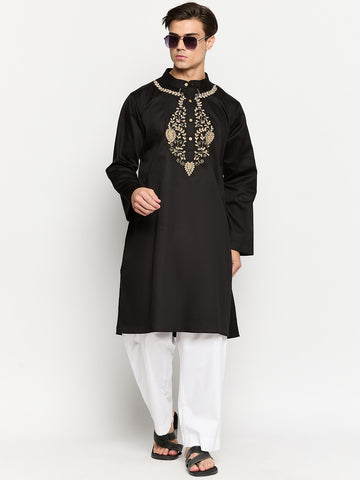 Embroidery Details Solid Black Kurta and White Pajama Set