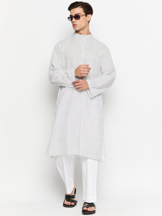 Cotton Fabric White Polka Dot Printed Kurta Pajama Set For Men