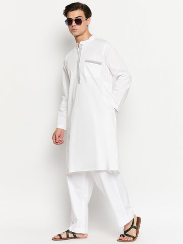 Cotton Fabric Thread Design White Kurta Pajama Set For Men