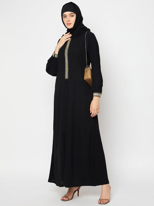 Nabia Black Solid Hand Work Detailing Luxury Abaya Burqa For Women With Black Hijab
