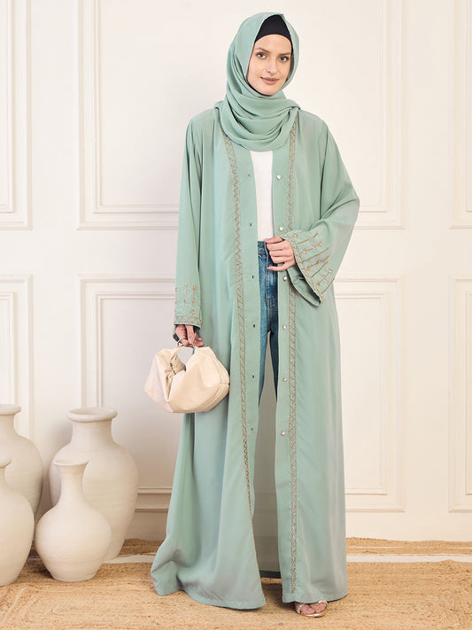 Nabia Sea Green Solid Hand Work Detailing Luxury Front Open Abaya Burqa For Women With Matching Hijab