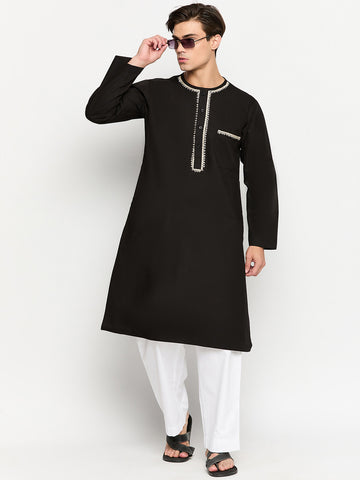 Black Solid Embroidery Details Men's Kurta