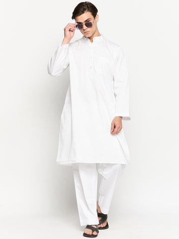 Cotton Fabric White Solid Kurta Pajama Set For Men