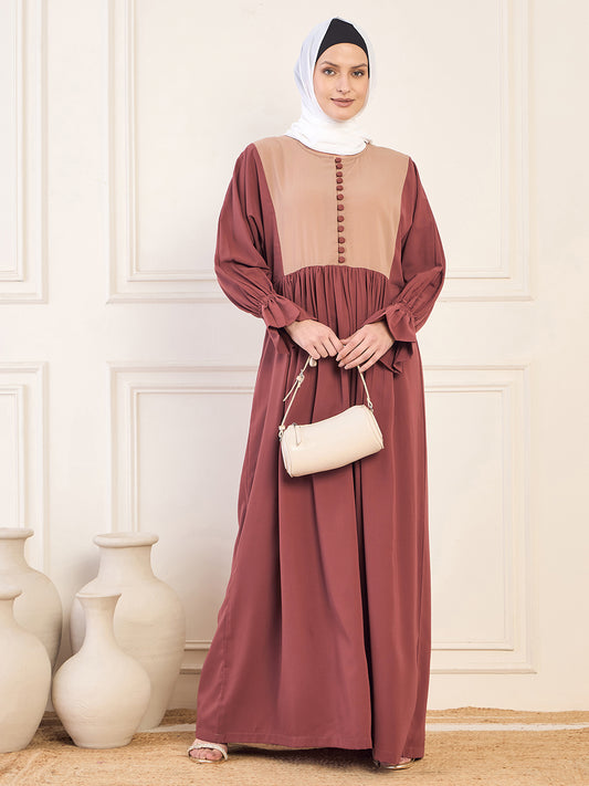 Nabia Rust and Beige Two Color Abaya Burqa With White Georgette Hijab