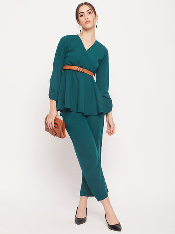 Nabia Women Bottle Green Solid Co-Ord Set