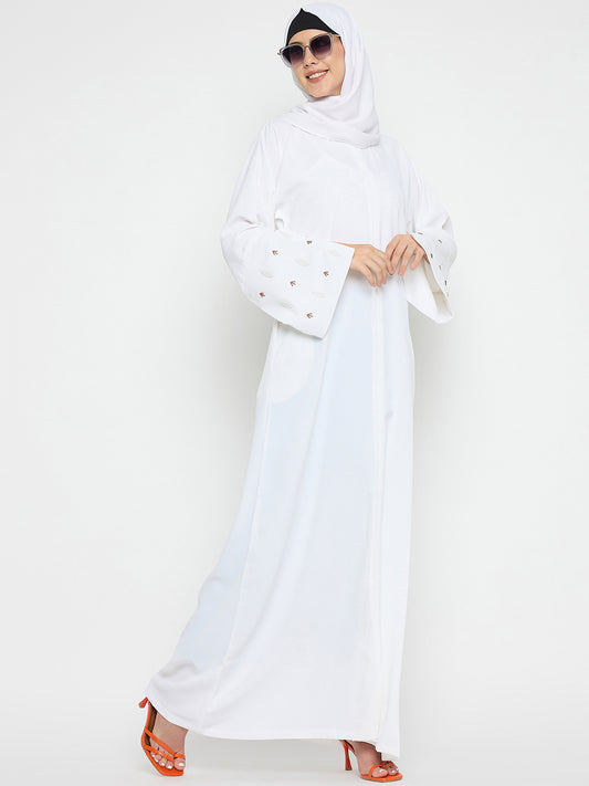 Hand Work Detailing Solid White Luxury Abaya Burqa For Women With Black Hijab