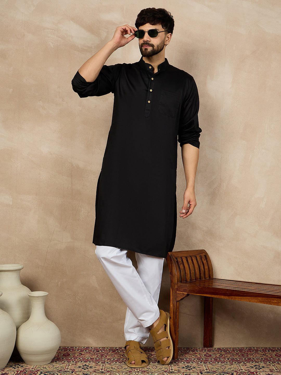 Nabia Black Solid Mandarin Collar Cotton Kurta For Men