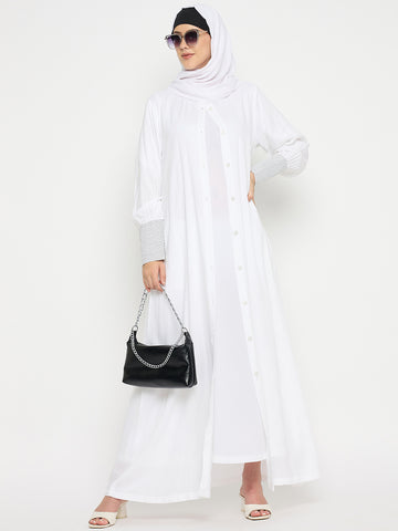 White Rayon Front Open Solid Abaya Burqa with Black Hijab for Women