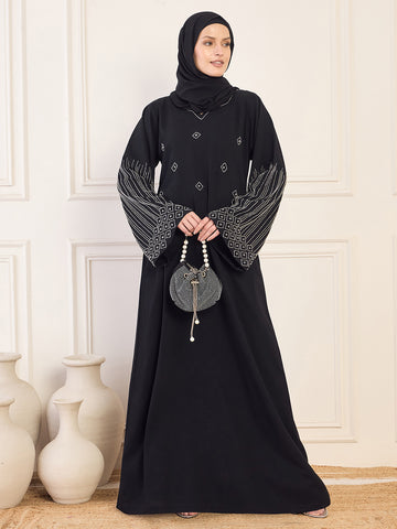 Nabia Black Solid Luxury Handworked Abaya Burqa for Women with Black Hijab