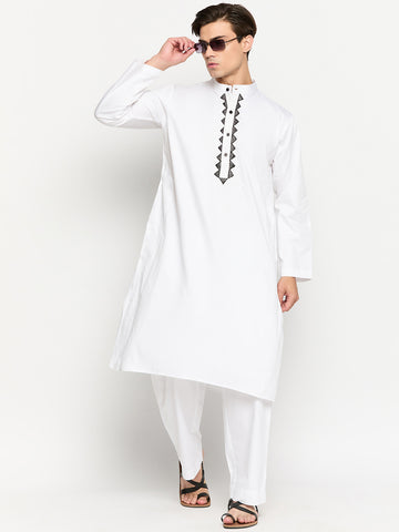 Embroidery Details Cotton Fabric Men's White Kurta Pajama Set