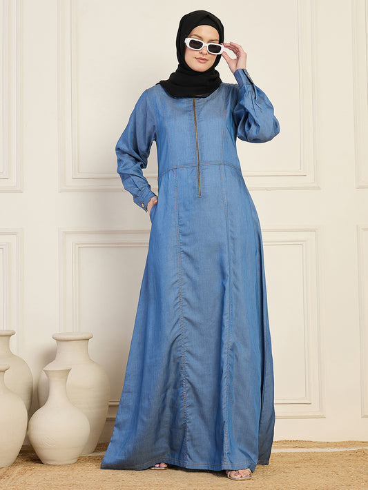 Nabia Women Blue Solid Cuffed Sleeves Denim Abaya With Black Georgette Hijab